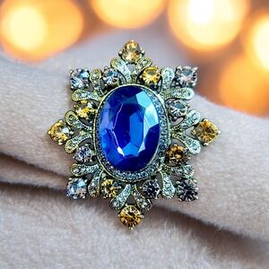 Blue Faceted Rhinestone Floral Brooch